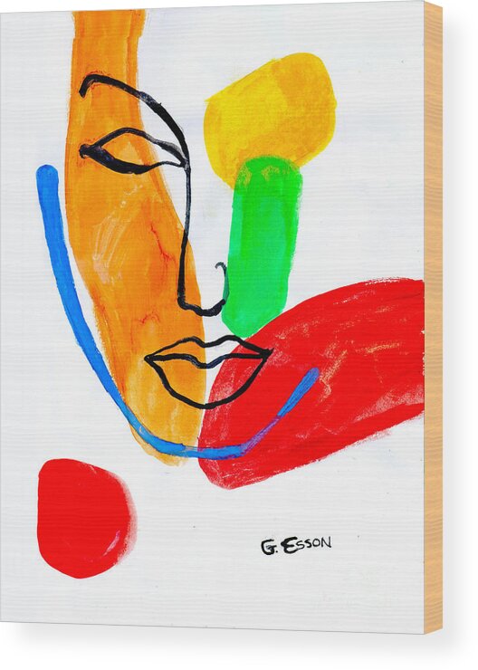 Face Wood Print featuring the painting Abstract Face With Blue Line by Genevieve Esson