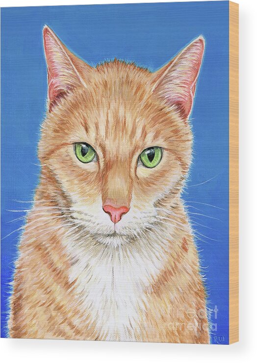 Cat Wood Print featuring the painting Ace the Buff Orange Tabby Cat by Rebecca Wang