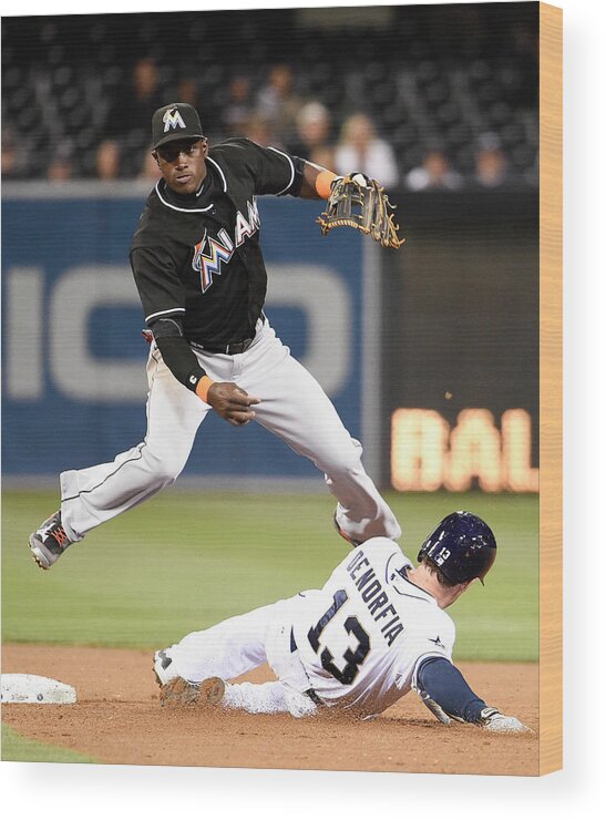 Double Play Wood Print featuring the photograph Adeiny Hechavarria and Chris Denorfia by Denis Poroy