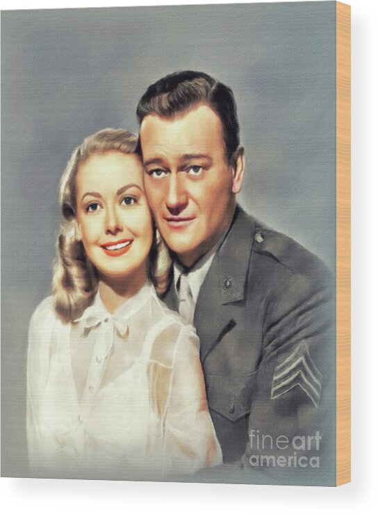 Adele Wood Print featuring the painting Adele Mara and John Wayne, Movie Legends by Esoterica Art Agency