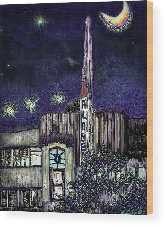 Alameda Wood Print featuring the digital art Alameda Theater at Night by Angela Weddle