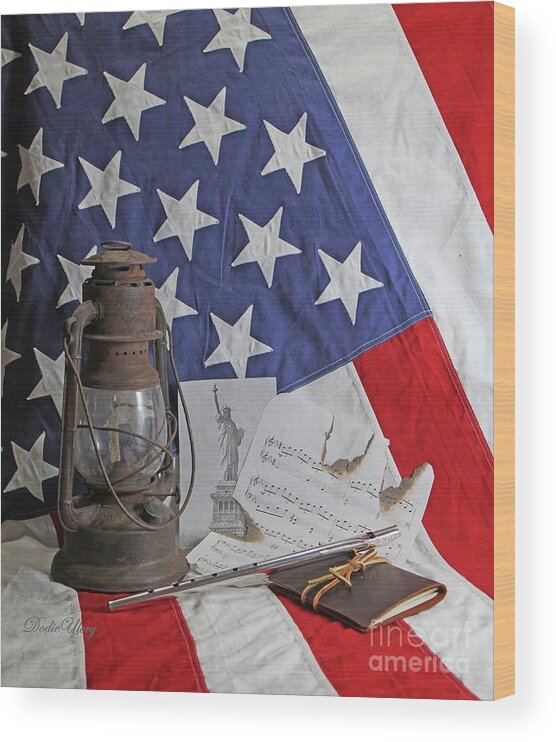 American Flag With Statue Of Liberty Picture Wood Print featuring the photograph America Flag and Historical by Dodie Ulery