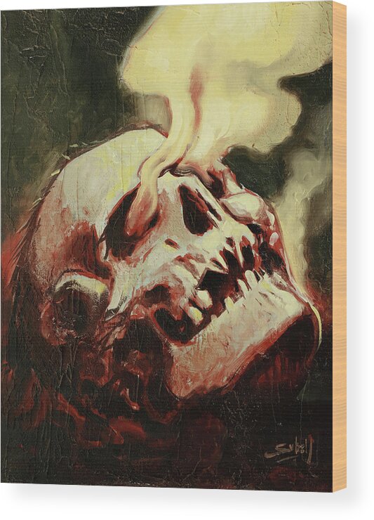 Skull Wood Print featuring the painting Smoking Skull by Sv Bell