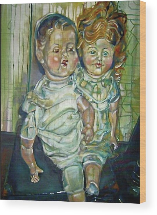  Wood Print featuring the painting Antique Dolls by Try Cheatham