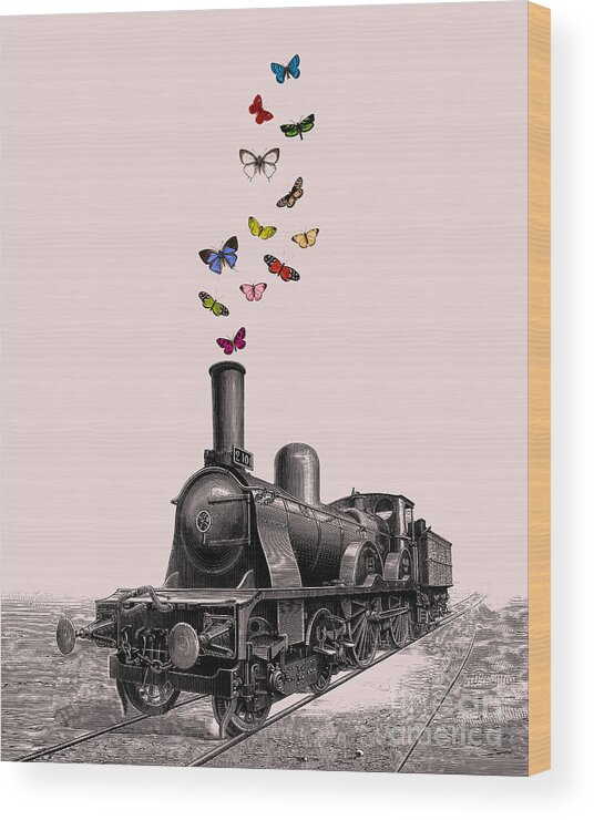 Steam Locomotive Wood Print featuring the digital art Antique Steam Engine With Butterflies by Madame Memento