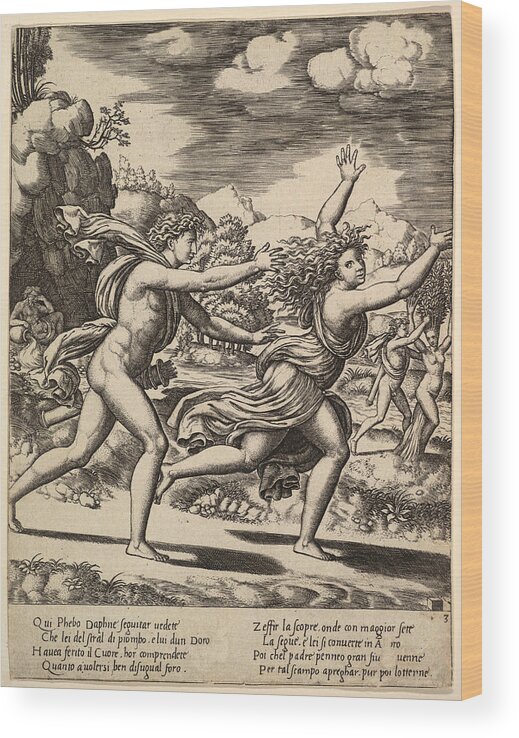 Master Of The Die Wood Print featuring the drawing Apollo chasing Daphne by Master of the Die