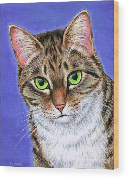 Cat Wood Print featuring the painting Aspen the Brown Tabby Cat by Rebecca Wang
