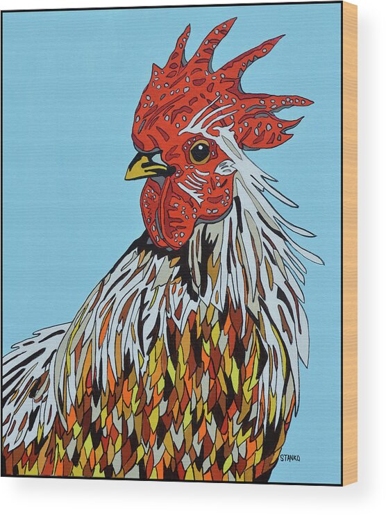 Rooster Chickens Farm Animals Birds Wood Print featuring the painting Autumnus by Mike Stanko
