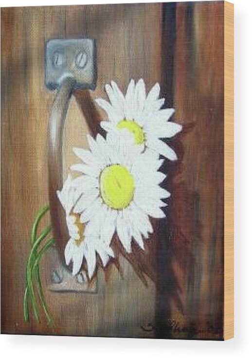 Rustic Barn Door With Metal Latch And Three White Daisies Wood Print featuring the painting Barn Door Daisies SOLD by Susan Dehlinger