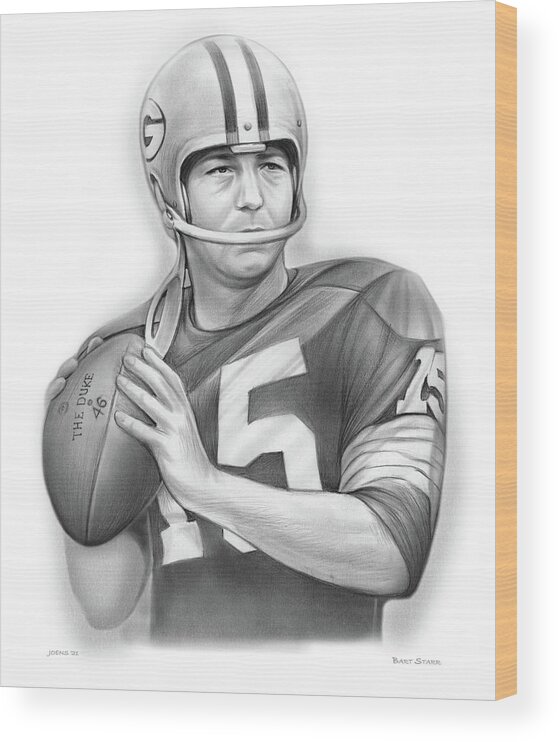 Bart Starr Wood Print featuring the drawing Bart Starr 2 by Greg Joens