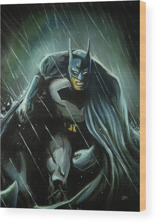Batman Wood Print featuring the painting Batman in the Rain by Brett Hardin