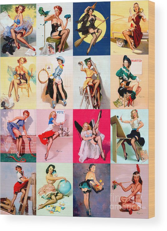 Pin Up Wood Print featuring the painting Best of pin up girls by Best of Vintage