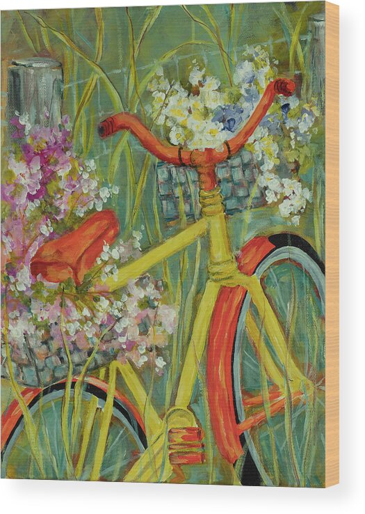 Bicycle Wood Print featuring the painting Bicycle with Flower Basket s #4 by Wendy Provins