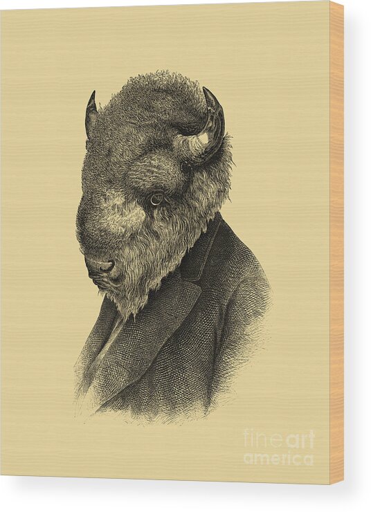 Buffalo Wood Print featuring the mixed media Bison portrait by Madame Memento