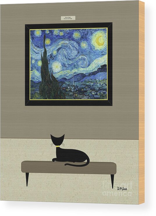 Cat Wood Print featuring the digital art Black Cat Admires Starry Night Painting by Donna Mibus