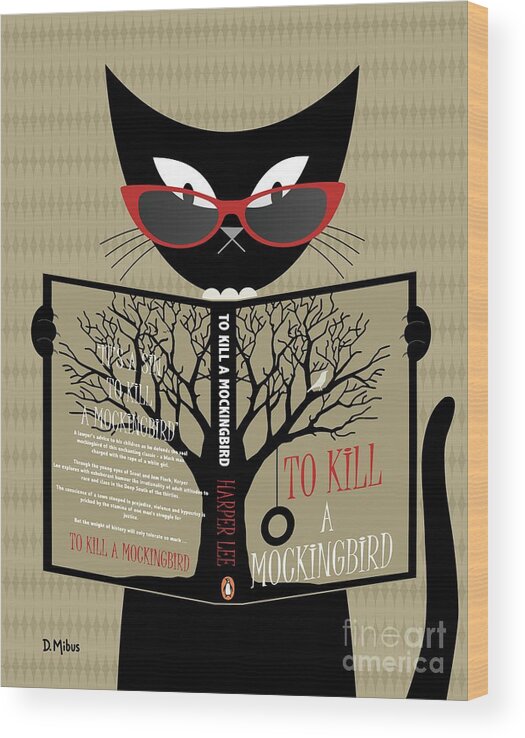 Cat Reads A Book Wood Print featuring the digital art Black Cat Reads a Book by Donna Mibus