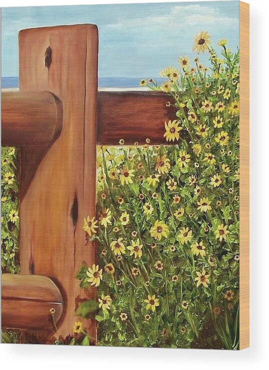 Fence Post Wood Print featuring the painting Black-eyed Susans Beached by Susan Dehlinger