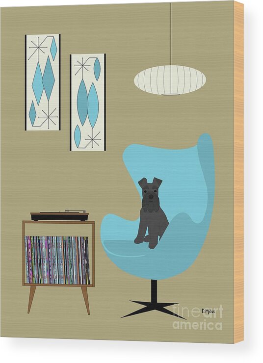 Mini Schnauzer Dog Wood Print featuring the digital art Black Mini Schnauzer with Record Player by Donna Mibus