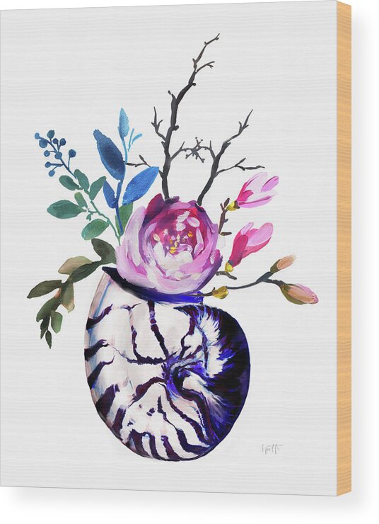 Valentine Wood Print featuring the painting Blue and white nautilus with floral arrangement by Kimberly Potts