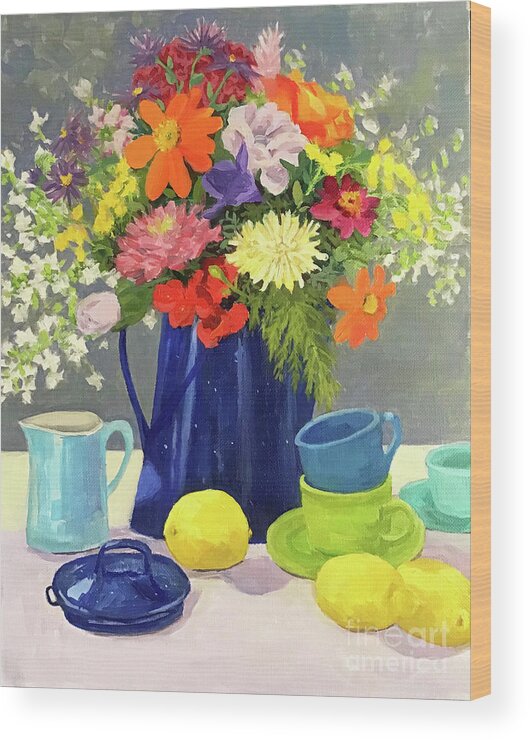 Blue Wood Print featuring the painting Blue Coffeepot Bouquet by Anne Marie Brown