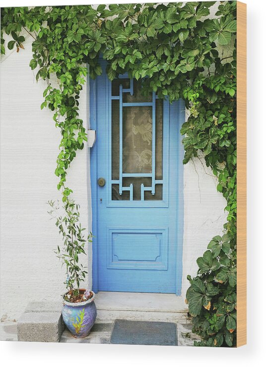 Greece Wood Print featuring the photograph Blue Door and Vine by Lupen Grainne