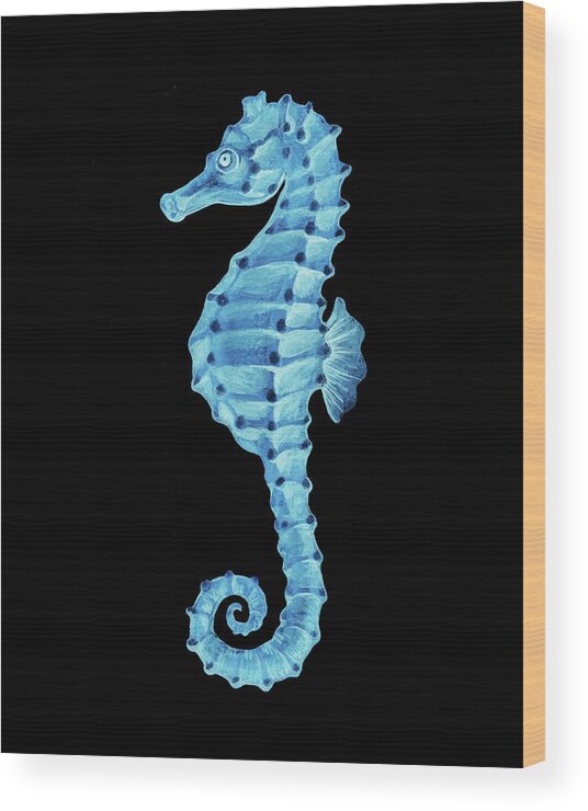 Seahorse Wood Print featuring the painting Blue Seahorse On Black by Irina Sztukowski