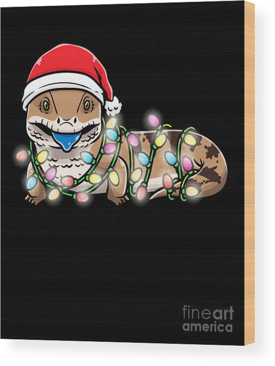 Blue Tongued Skink Wood Print featuring the digital art Blue Tongued Skink Lizard With Christmas Lights by ZimStarUS
