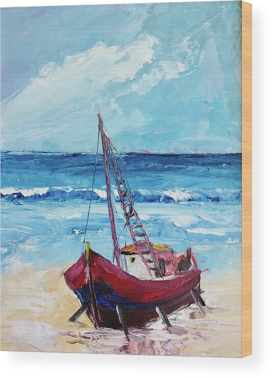 Old Wood Print featuring the painting Boat on the beach by Lana Sylber