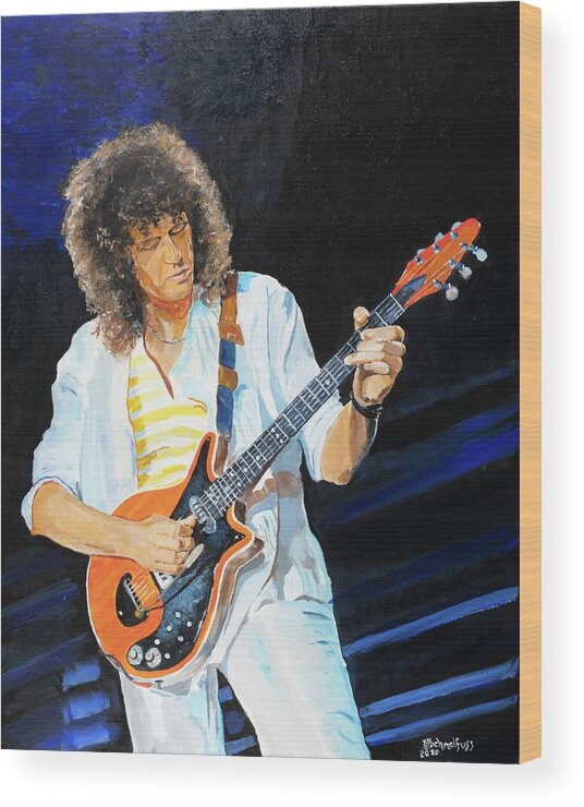Brian May Wood Print featuring the painting Brian May - Queen by Bruce Schmalfuss