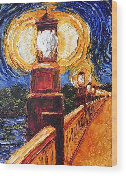 Bridge Wood Print featuring the painting Wrightsville PA Bridge Light at Night by Paris Wyatt Llanso