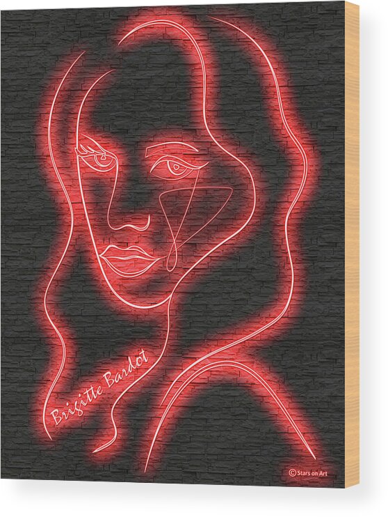 Brigitte Wood Print featuring the digital art Brigitte Bardot neon portrait by Movie World Posters