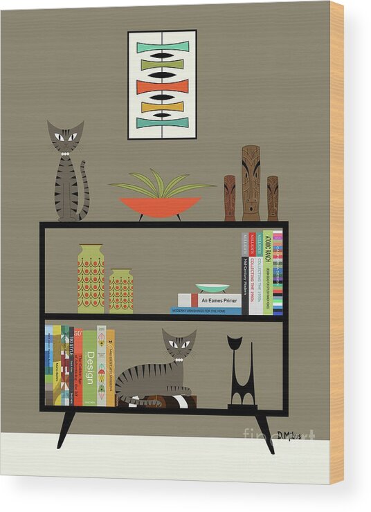 Mid Century Modern Brown Gray Tabby Cats Wood Print featuring the digital art Brown Gray Tabby Cats on Bookcase by Donna Mibus