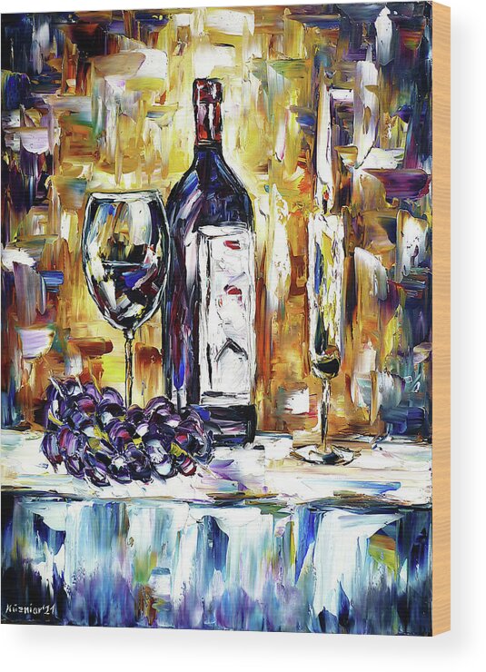 Bottle Of Wine Wood Print featuring the painting By Candlelight by Mirek Kuzniar