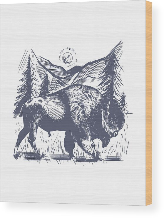Byson hand drawing wildlife mountain scene Wood Print by Norman W