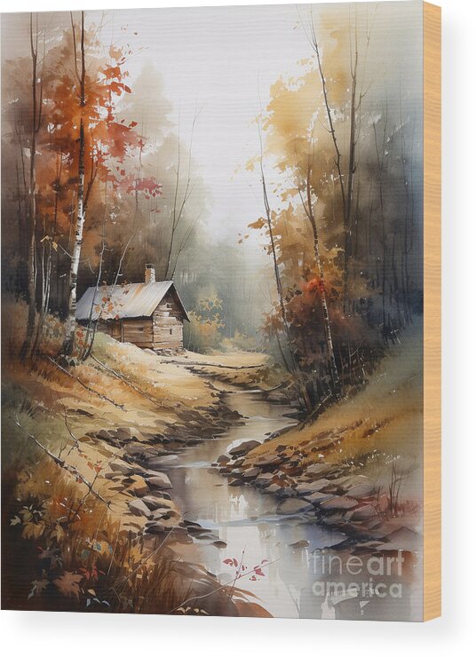 Cabin Wood Print featuring the digital art Cabin and Stream I by Jay Schankman