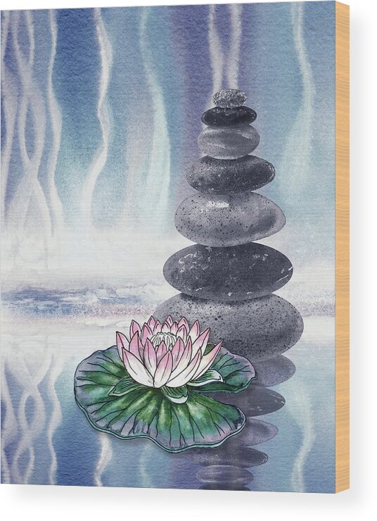 Zen Rocks Wood Print featuring the painting Calm Peaceful Relaxing Zen Rocks Cairn With Flower Meditative Spa Collection Watercolor Art VIII by Irina Sztukowski