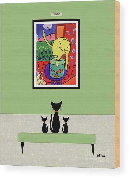 Mid Century Cat Wood Print featuring the digital art Cats Admire Matisse Fish Painting by Donna Mibus