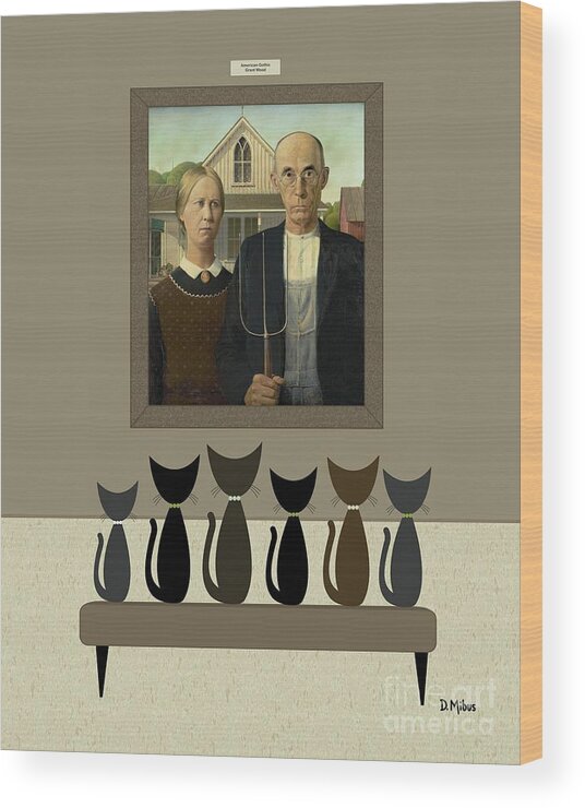Grant Wood Wood Print featuring the digital art Cats Contemplate American Gothic by Donna Mibus