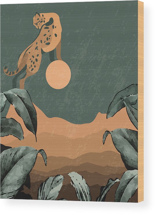 Leopard Wood Print featuring the drawing Cheetah landscape print by Mounir Khalfouf