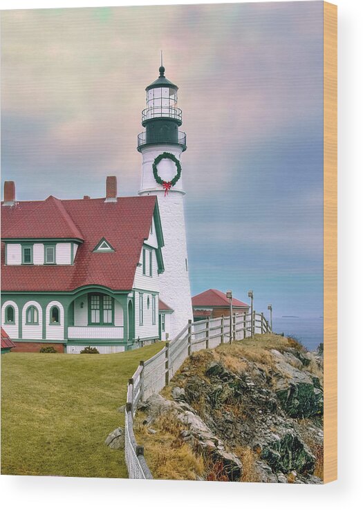 Lighthouses Wood Print featuring the photograph Christmas at Portland Head Light by Betty Denise