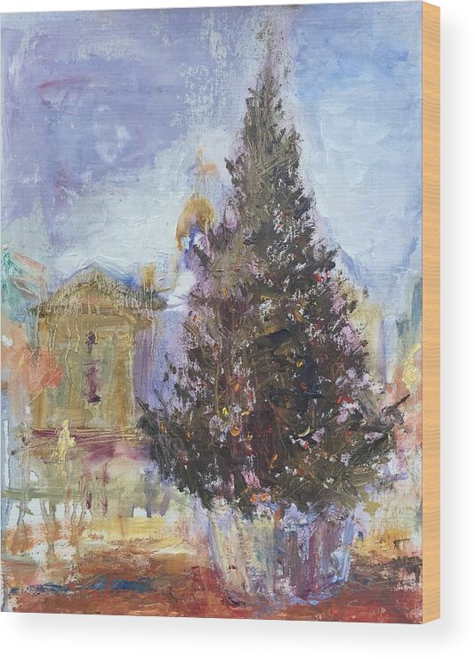 Christmas Tree Wood Print featuring the painting Holiday in the City, Impressionist Oil Painting by Quin Sweetman
