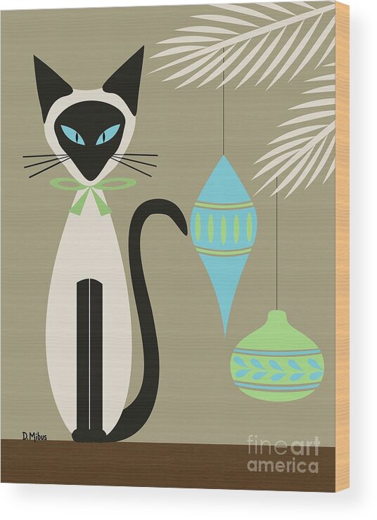 Mid Century Cat Wood Print featuring the digital art Christmas Siamese with Ornaments by Donna Mibus