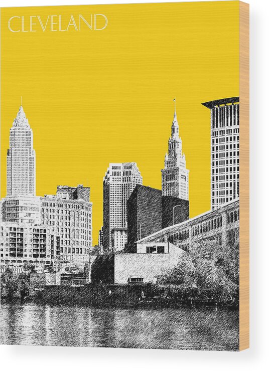 Architecture Wood Print featuring the digital art Cleveland Skyline 3 - Mustard by DB Artist