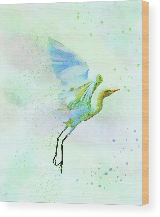 Colorful Wood Print featuring the digital art Colorful Crane Watercolor Bird Wildlife Painting by Shelli Fitzpatrick