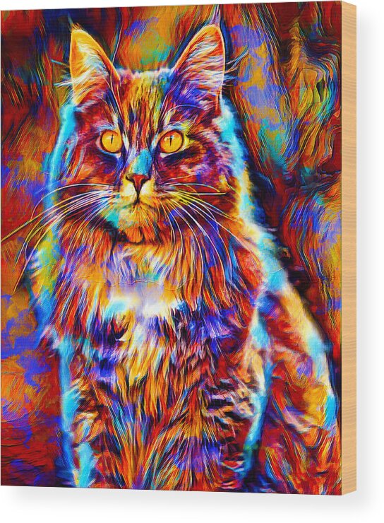 Maine Coon Wood Print featuring the digital art Colorful Maine Coon cat sitting - digital painting by Nicko Prints