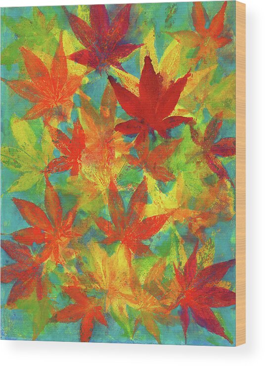 Colorful Wood Print featuring the painting Colorful maple leaves by Karen Kaspar