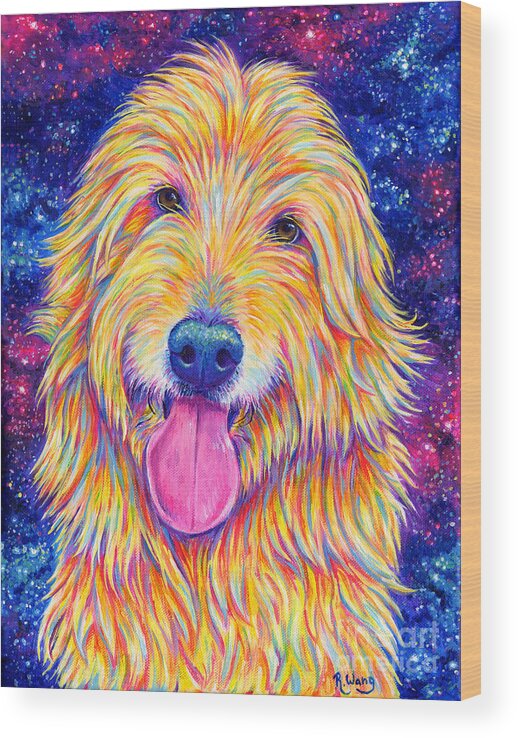 Goldendoodle Wood Print featuring the painting Colorful Rainbow Goldendoodle by Rebecca Wang