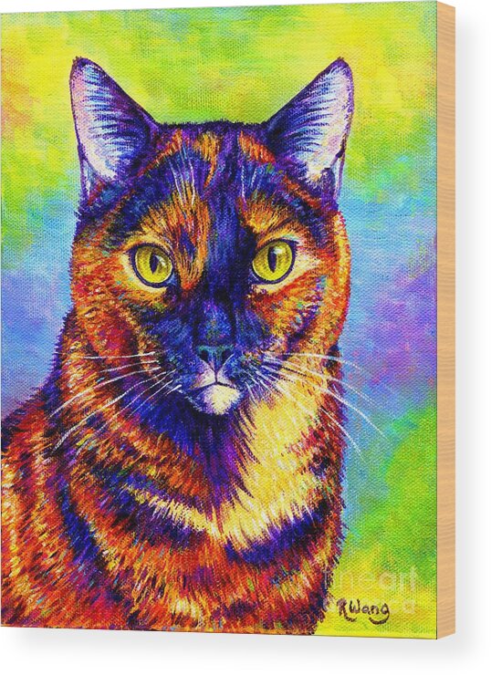 Cat Wood Print featuring the painting Colorful Tortoiseshell Cat by Rebecca Wang
