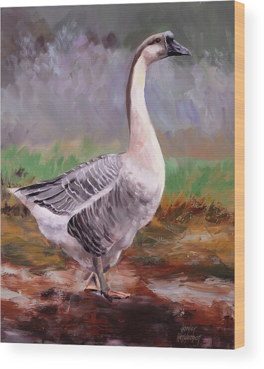 Goose Wood Print featuring the painting Contemplative Goose by Jordan Henderson