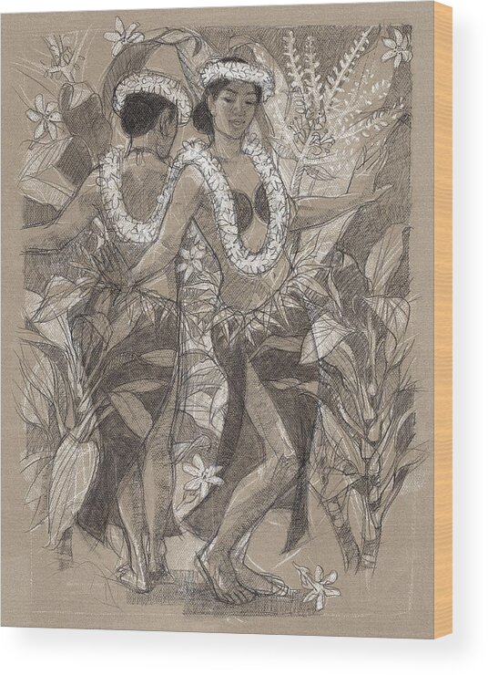 South Pacific Dancer Wood Print featuring the drawing Cook Islands Action Song dancers by Judith Kunzle